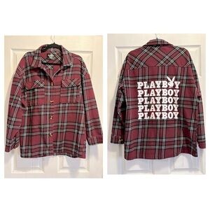 PLAYBOY Flannel Long Sleeve Button Up Shirt Burgundy Black White Plaid Sz Medium